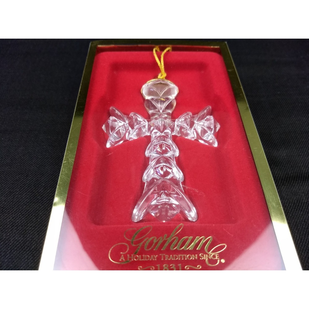 Gorham Full Lead Crystal Cross Ornament Gold Tassel Hanging Cord USA NEW in Box